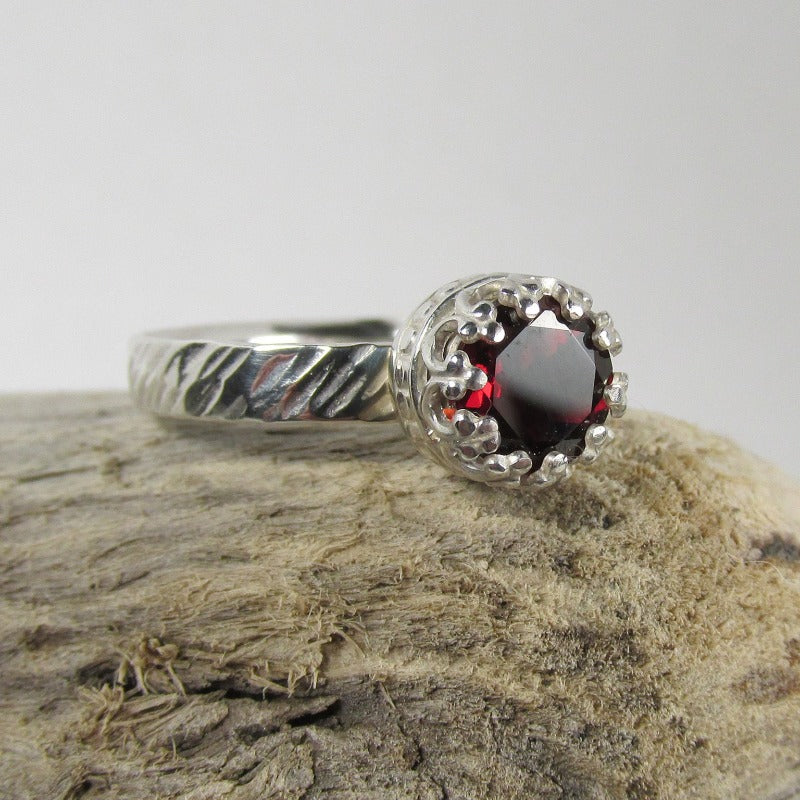 Garnet Faceted twisted bark finish ring size 6