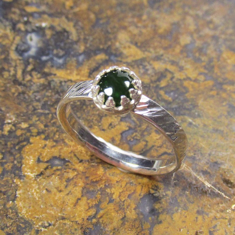 Nephrite Jade cabochon Crown setting twisted bark ring